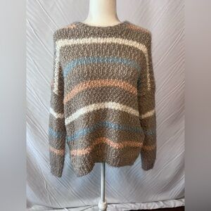 Entro Cozy Striped Sweater in Brown, Blue, and Cream